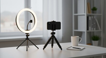 Smartphone Tripod and Ring Light Setup on Creator Desk