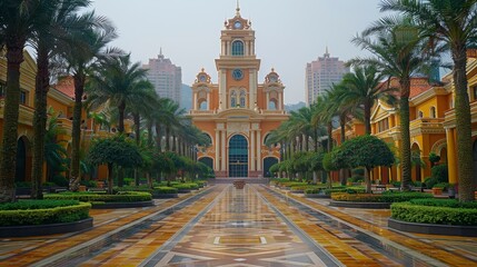 Symmetrical building with tall clock tower lined with palm trees, reflective path