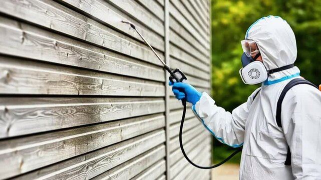 Pest control service spraying wood siding for termites bugs insects protection home improvement maintenance