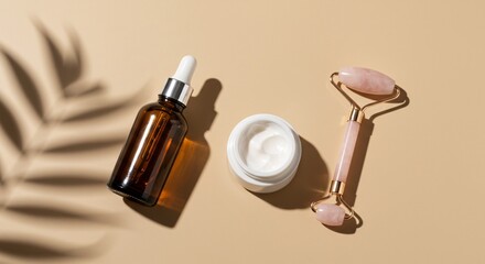 Minimal Skincare Flatlay with Dropper Bottle and Facial Roller