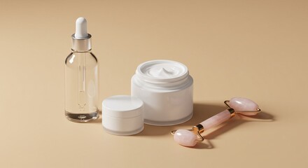 Minimal Skincare Flatlay with Dropper Bottle and Facial Roller