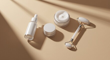 Minimal Skincare Flatlay with Dropper Bottle and Facial Roller