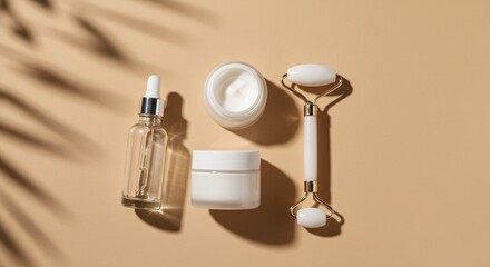 Minimal Skincare Flatlay with Dropper Bottle and Facial Roller