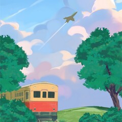 The image depicts a calming rural scene with the following elements house on the hill