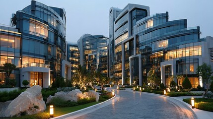 Fototapeta premium Modern architectural complex at twilight.