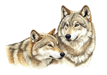 Fototapeta premium Illustration of Two Wolves Portrait Wildlife Animal Isolated Background