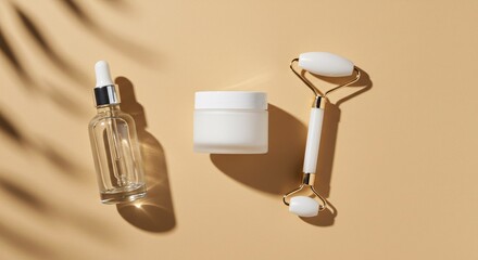 Minimal Skincare Flatlay with Dropper Bottle and Facial Roller