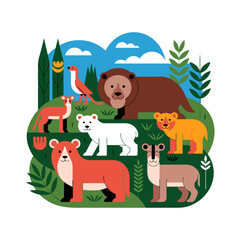 Illustration of various animals including bears, a fox, and a weasel, set against a stylized landscape with trees and clouds.