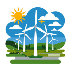 Wind turbines generate clean energy in a green landscape with sun and clouds.