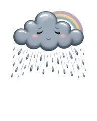 Sad Cloud with Falling Rain Drops Cartoon Illustration, Blue Emotional Character, Thunderstorm Weather Icon, Gloomy Sky, Crying Raindrops Vector, Depression Mood Graphic for Design Projects