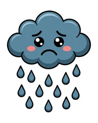 Sad Cloud with Falling Rain Drops Cartoon Illustration, Crying Face Weather Icon, Stormy Sky Vector, Emotional Blue Cloud Clipart, Rainy Day Graphic for Kids or Forecast Design