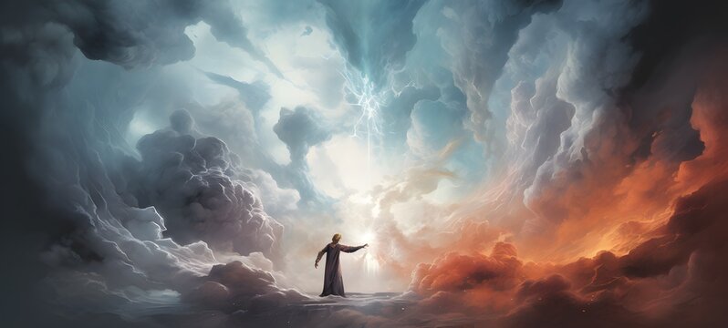 a light God vs demon , coming out of the smoke,ai generative