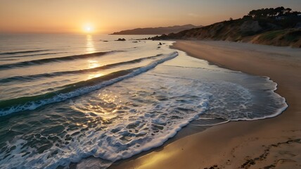 Obraz premium Serene Sunset Coastline with Calm Ocean and Sandy Beach – Tranquil Nature Scene for Travel Inspiration, Relaxation Themes, Coastal Lifestyle, and Sunset Visual Content