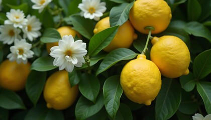 A close-up of lemons and flowers on a green background