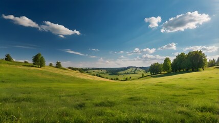 Obraz premium Sunny Summer Background with Clear Blue Sky and Lush Green Meadow – Bright Tranquil Landscape for Seasonal Ads, Nature Blogs, Countryside Themes, and Outdoor Branding