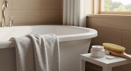 Skincare Cream and Body Brush Near Bathtub in Warm Light