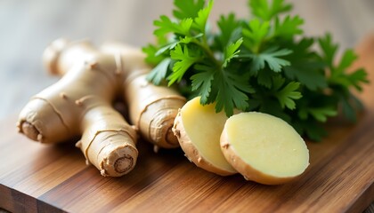 A close-up of fresh parsley and ginger on a wooden cutting board