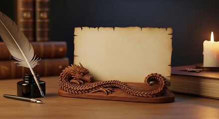 Mystical scene showcasing an antique desk, quill pen, dragon sculpture, and parchment paper
