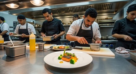 Culinary Team Preparing Gourmet Dish in Professional Kitchen