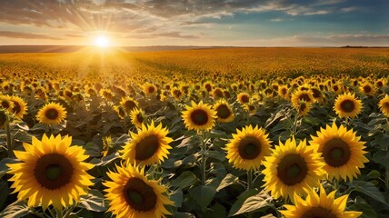Obraz premium Endless Field of Vibrant Sunflowers Basking in Golden Sunlight – Stunning Summer Landscape for Nature, Agriculture, Floral Branding, and Seasonal Outdoor Visual Content