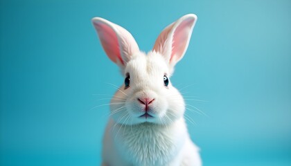 Obraz premium A close-up of a white rabbit with pink ears, looking directly at the viewer