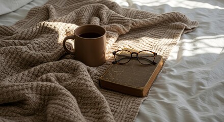 Flatlay of Tea and Book on Bed with Cozy Blanket