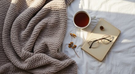 Flatlay of Tea and Book on Bed with Cozy Blanket