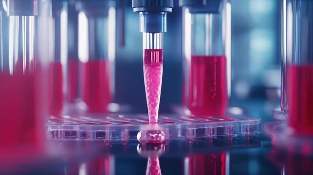 Automated liquid handling system dispensing pink liquid into microplate wells