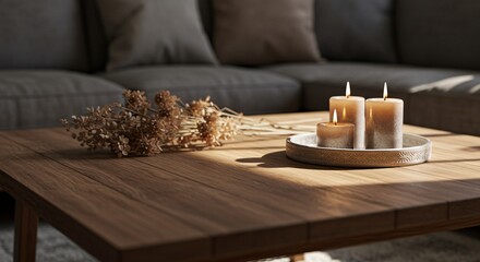Cozy Coffee Table with Candles and Dried Flowers