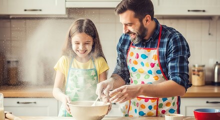 Happy Father and Daughter Baking Together in the Kitchen