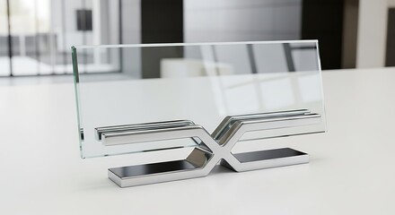 Sleek modern glass and chrome nameplate holder against a blurred backdrop
