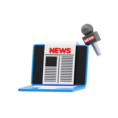 Laptop and news draft 3d icon. Online news article on laptop