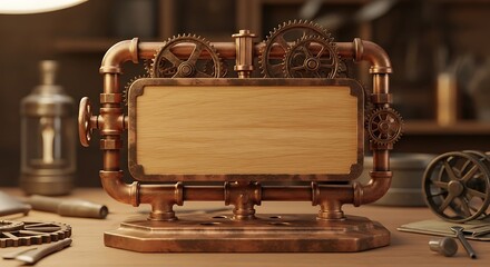 Steampunk-inspired wooden sign with copper pipes and gears for creative advertising