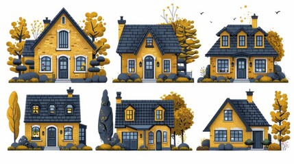 6 cartoon style houses in yellow and black with trees and bushes