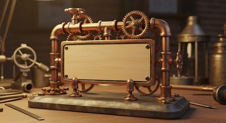 Steampunk wooden sign with metallic gears and pipes for decoration and text placement