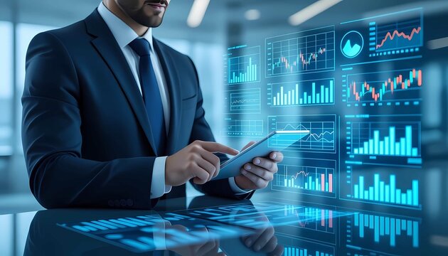 Professional businessman using tablet to analyze financial data, investment strategy, market trends, and growth chart
