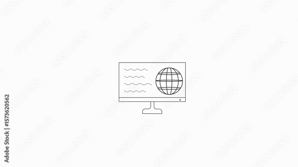 Fototapete Simple line art illustration of a computer monitor displaying a globe and wavy text lines