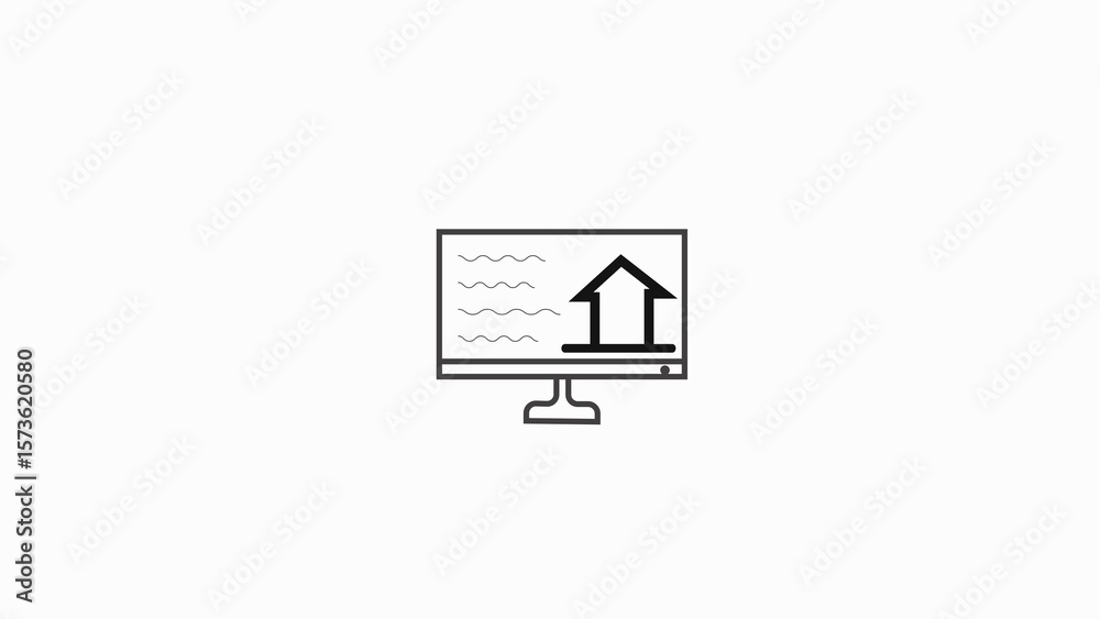 Fototapete computer monitor displaying wavy lines of text and an upward pointing arrow icon representing growth