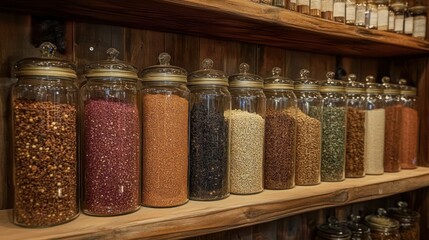 A rustic wooden shelf displays an array of glass jars filled with an assortment of colorful dried spices and grains, creating a vibrant and warm atmosphere.