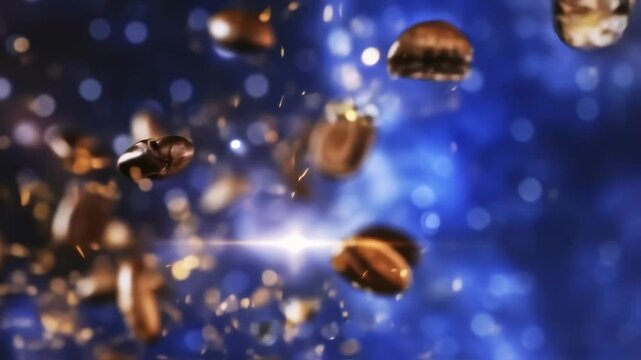 Mesmerizing Coffee Bean Cascade: Aromatic Delight with Golden Particle Elegance in Blue Hue Backdrop