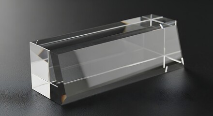 Transparent rectangular prism on a dark surface demonstrating refraction and reflection