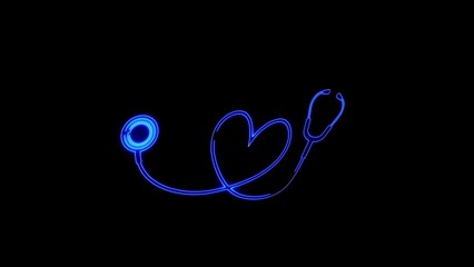 Blue neon stethoscope forming a heart shape on a black background