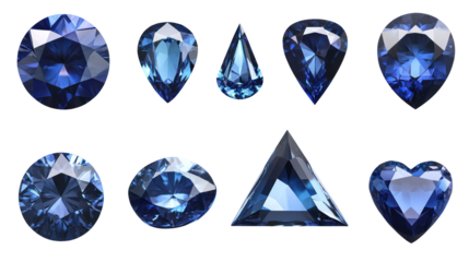  Collection of Deep Blue Gemstones – Multiple elegant deep blue gemstones with varied cuts and reflections on transparent background
