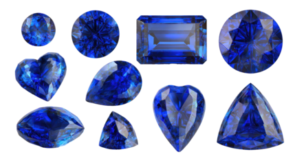  Collection of Deep Blue Gemstones – Multiple elegant deep blue gemstones with varied cuts and reflections on transparent background