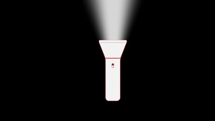 A simple white flashlight with a red outline shines a bright beam of light in the dark