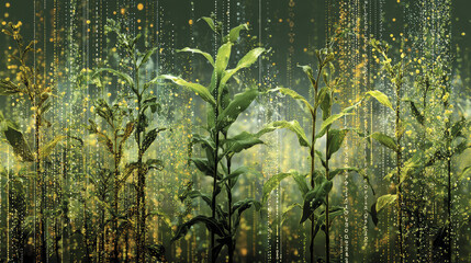 Fototapeta premium Genetically modified crops with digital DNA code overlay, thriving in futuristic agricultural environment with glowing data streams and green leaves