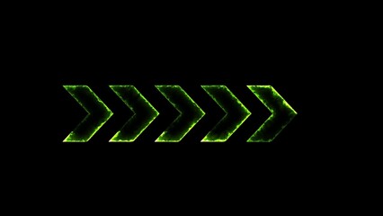 Row of glowing green arrows with a smoky texture on a black background
