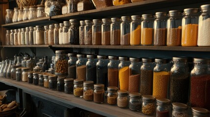 Vintage Spice and Grain Jars on Wooden Shelves