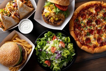 Overhead shot of diverse takeout meals pizza salad burgers tacos and a side of sour cream on a wood surface