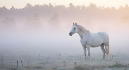 "White Horse Standing in Foggy Meadow at Dawn with Soft Light and Misty Background"